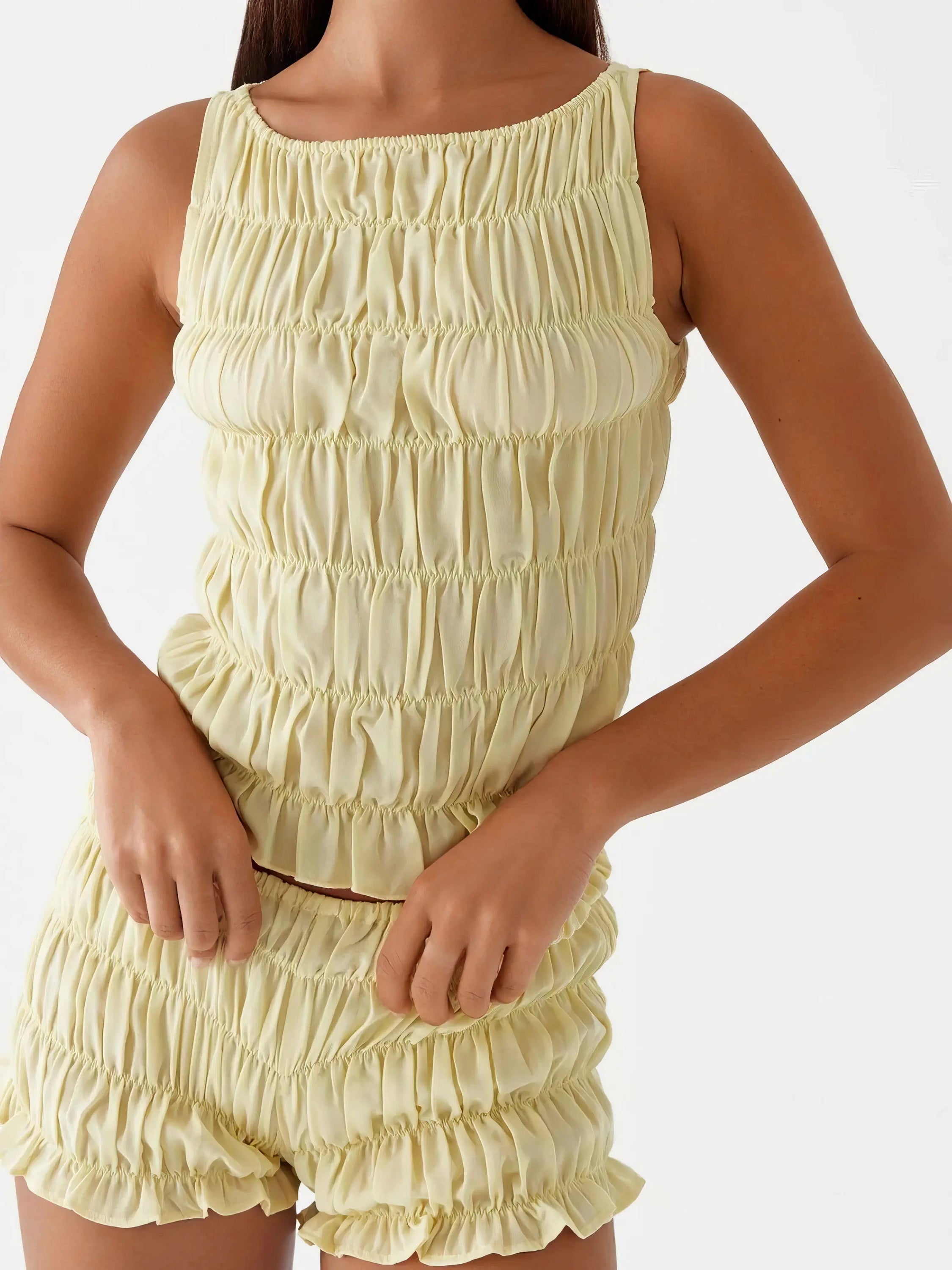 Ruched texture tank and shorts two-piece set, women's stylish two-piece outfit, comfortable ruched texture, smocked details, non-stretch polyester cotton blend, ideal for a unique and comfortable casual look