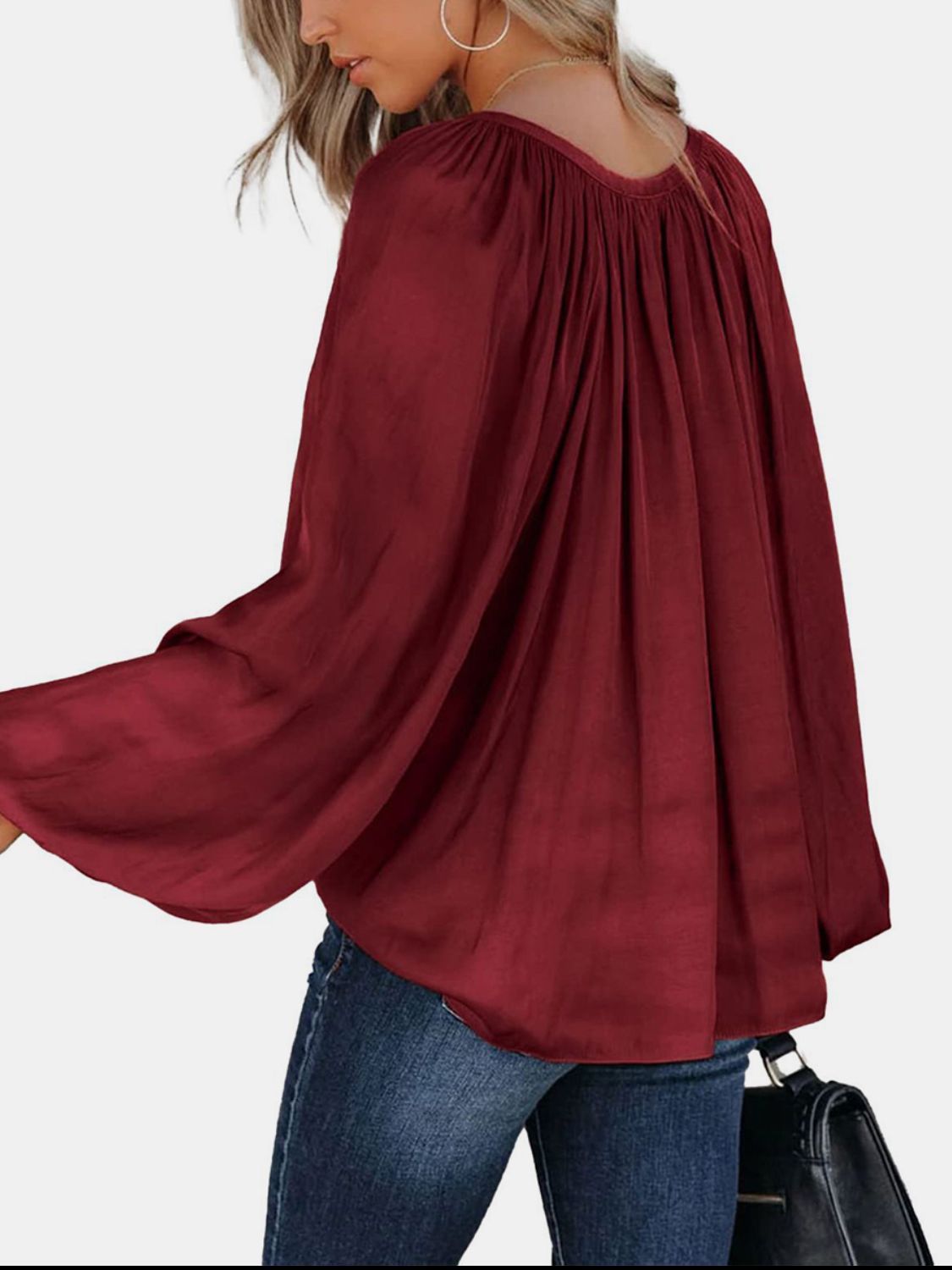 Ruched Tie Neck Balloon Sleeve Blouse with Tied.