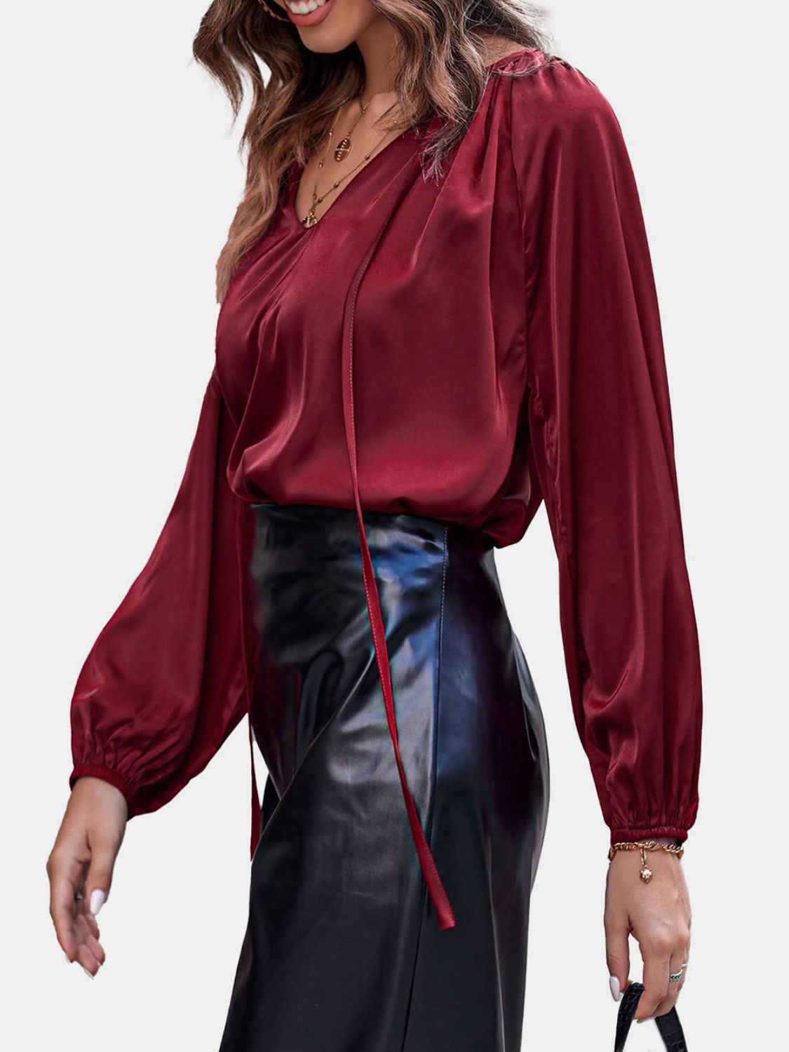 Ruched Tie Neck Balloon Sleeve Blouse with Tied.