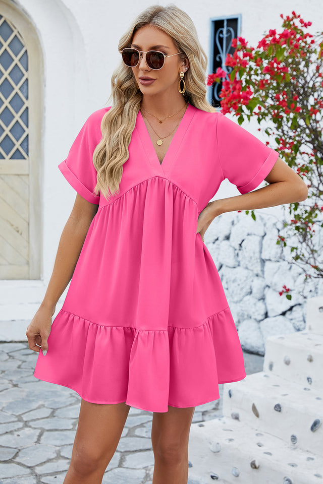 Ruched Tiered V-Neck Short Sleeve Mini Dress.