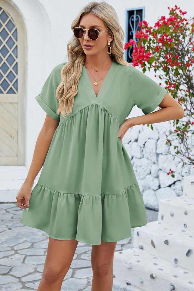 Ruched Tiered V-Neck Short Sleeve Mini Dress.