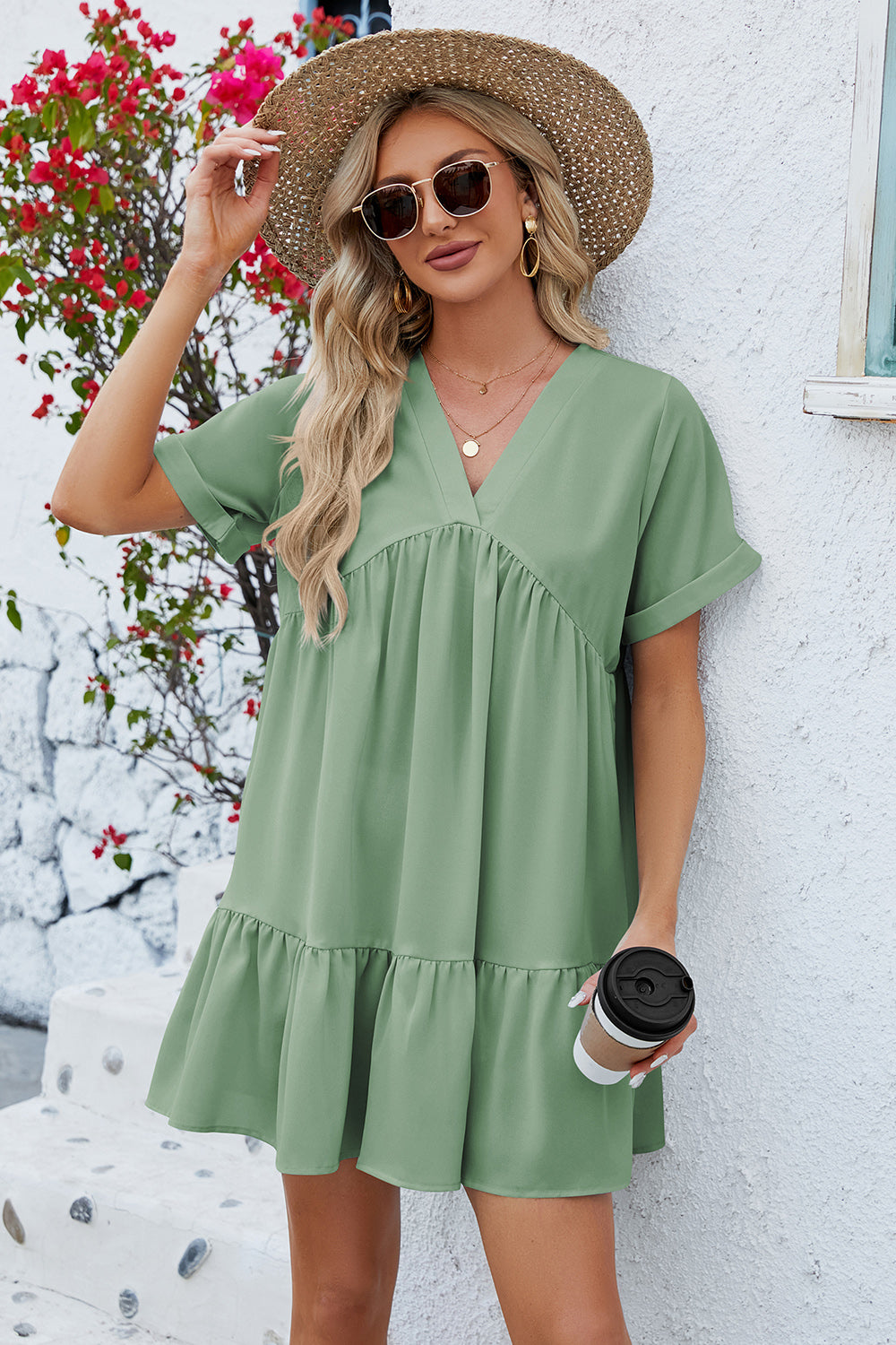 Ruched Tiered V-Neck Short Sleeve Mini Dress.