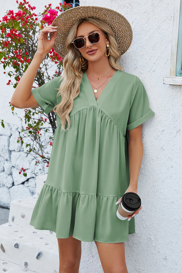 Ruched Tiered V-Neck Short Sleeve Mini Dress.