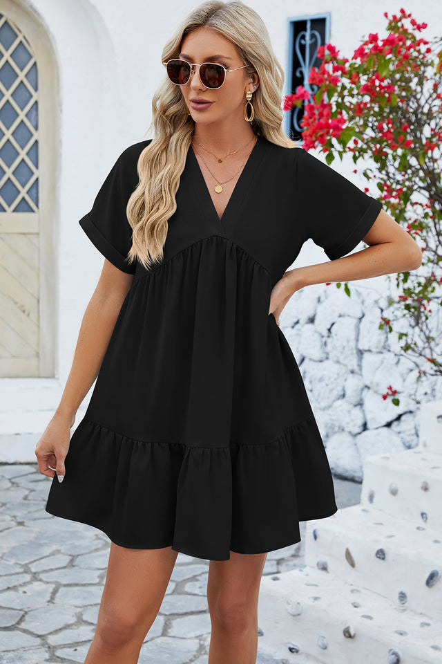 Ruched Tiered V-Neck Short Sleeve Mini Dress.