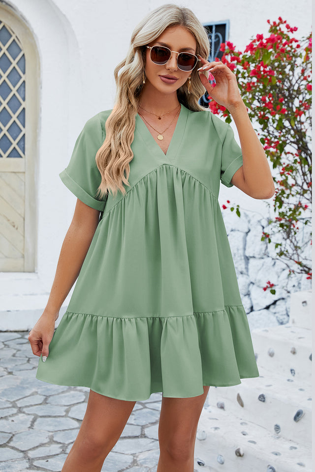 Ruched Tiered V-Neck Short Sleeve Mini Dress.