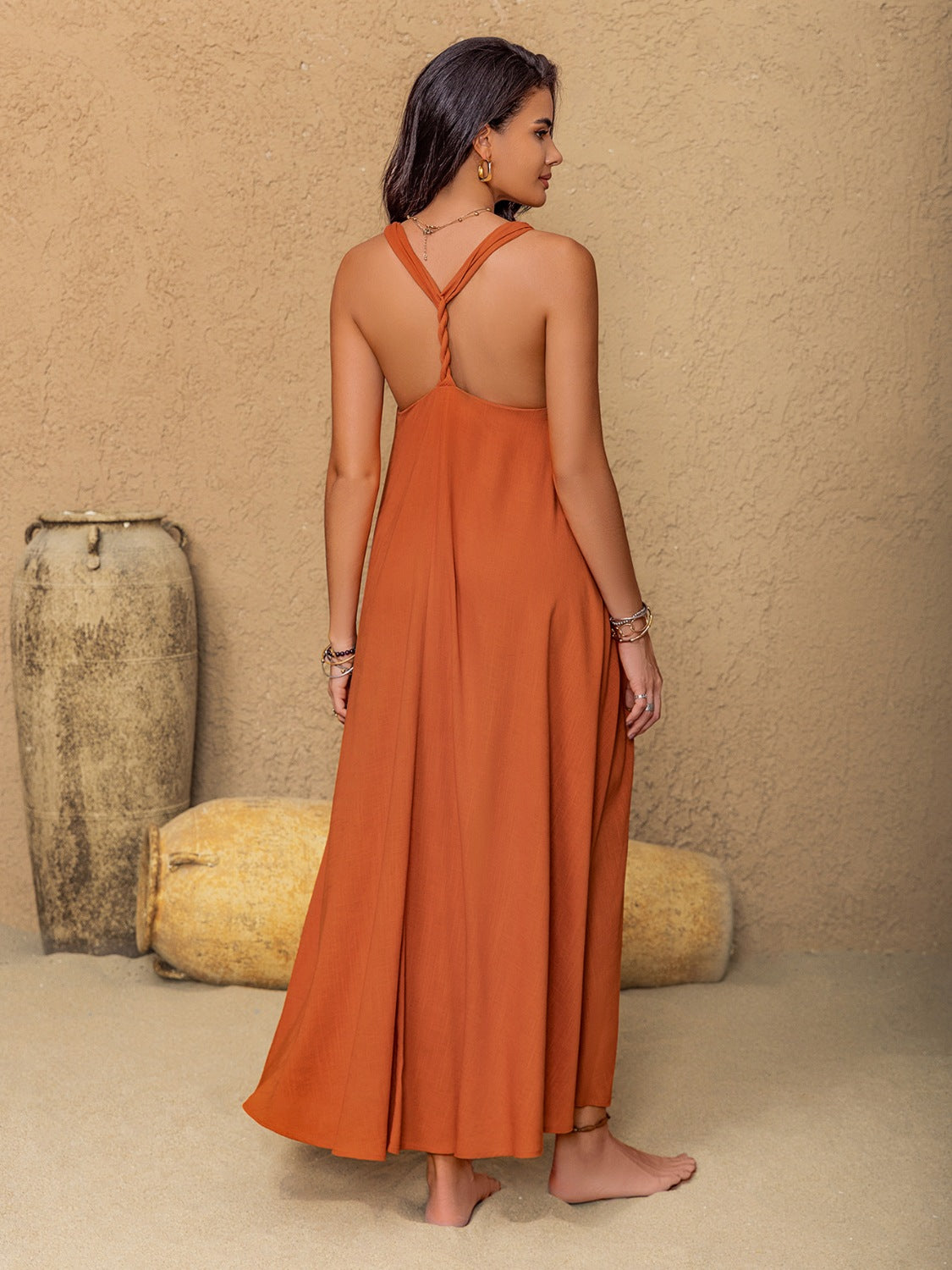 Ruched Twisted Back Sleeveless Maxi Cami Dress.