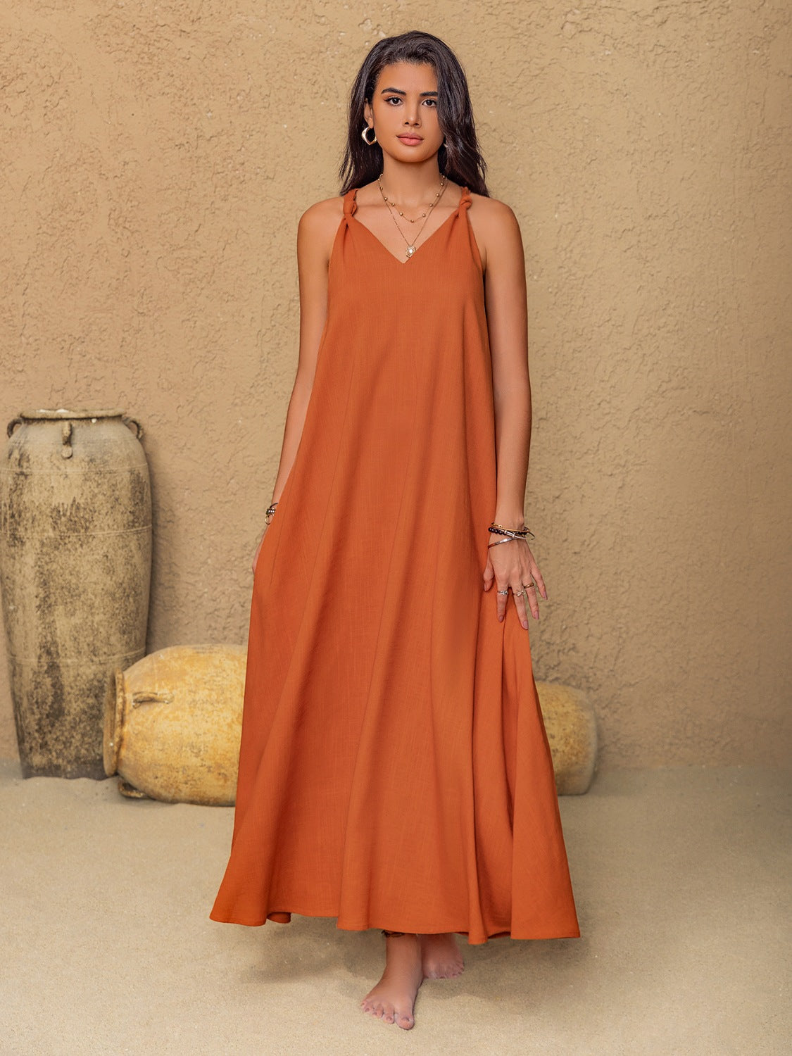 Ruched Twisted Back Sleeveless Maxi Cami Dress.