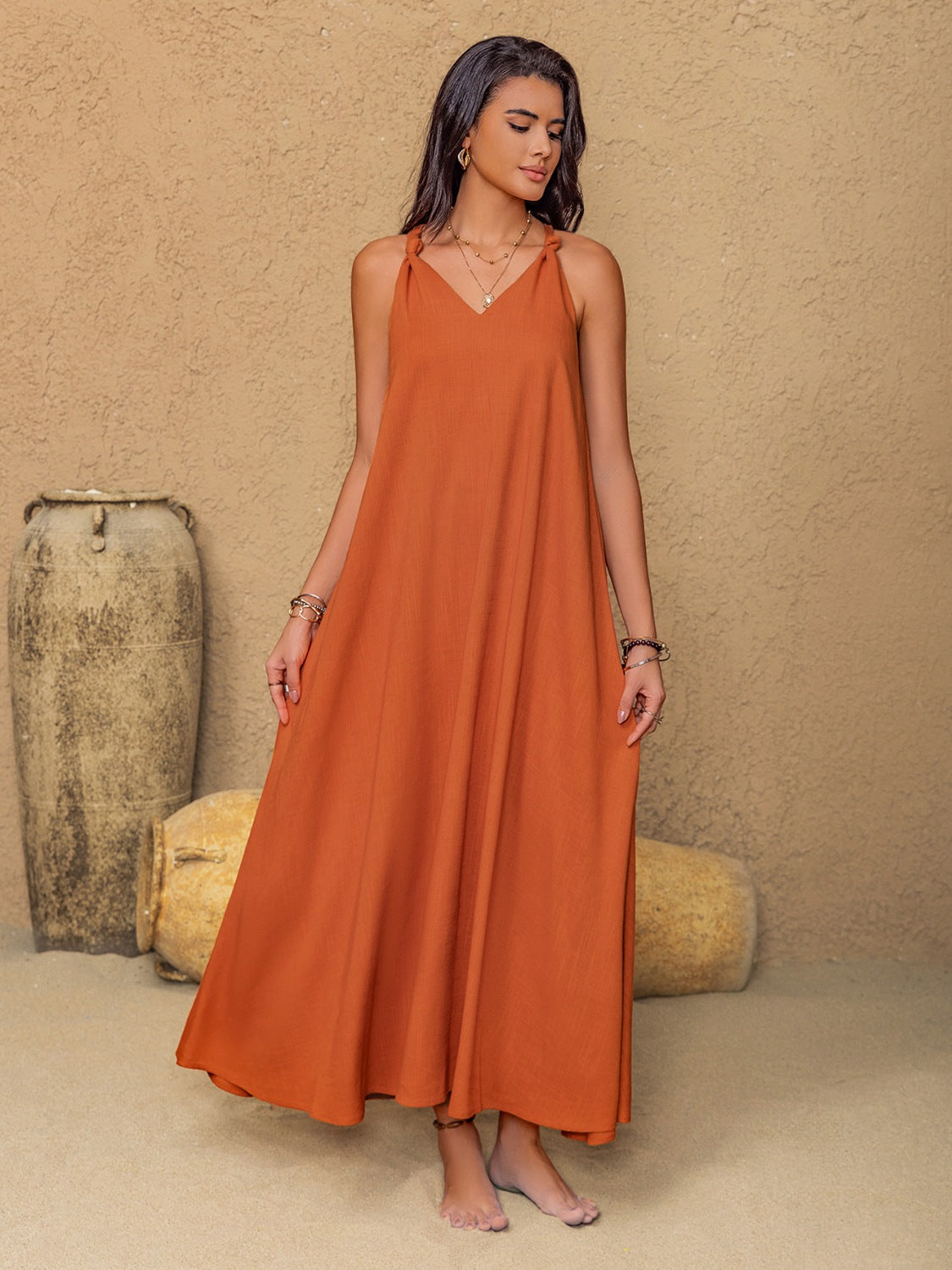 Ruched Twisted Back Sleeveless Maxi Cami Dress.