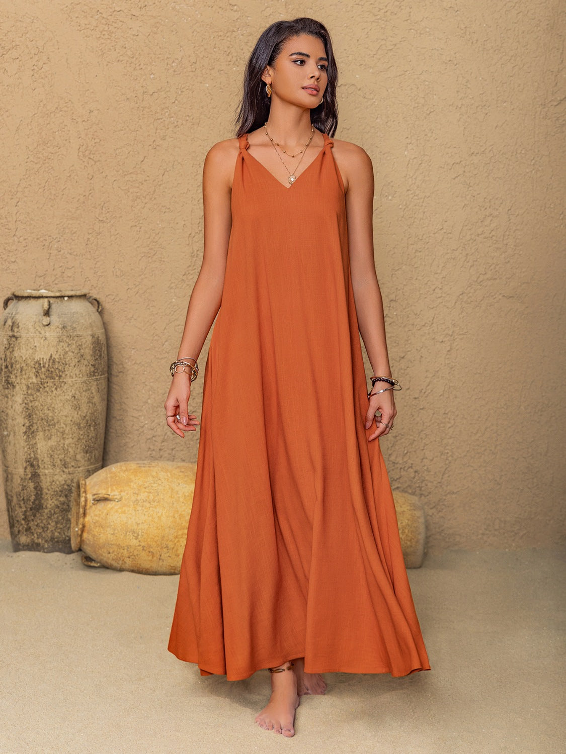 Ruched Twisted Back Sleeveless Maxi Cami Dress.