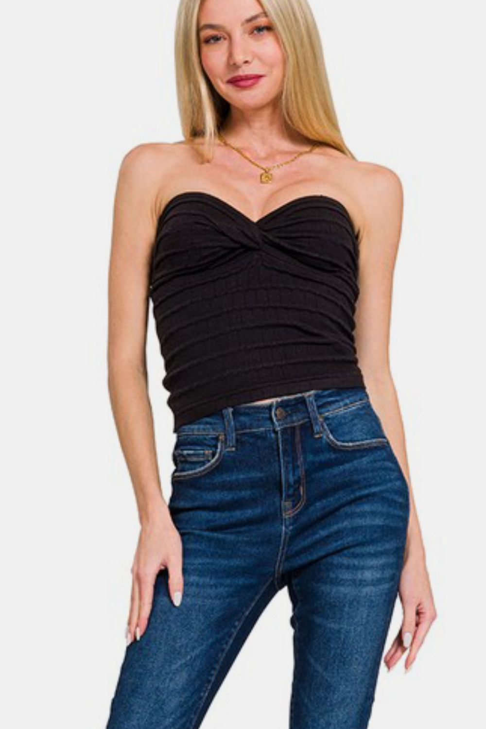 Ruched twisted sweetheart neck top, opaque and moderately stretchy.