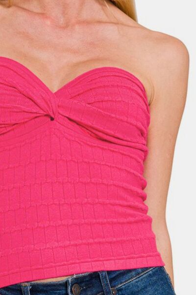 Ruched twisted sweetheart neck top, opaque and slightly stretchy.