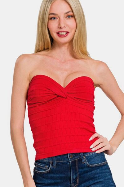 Ruched twisted sweetheart neck top, opaque and slightly stretchy.