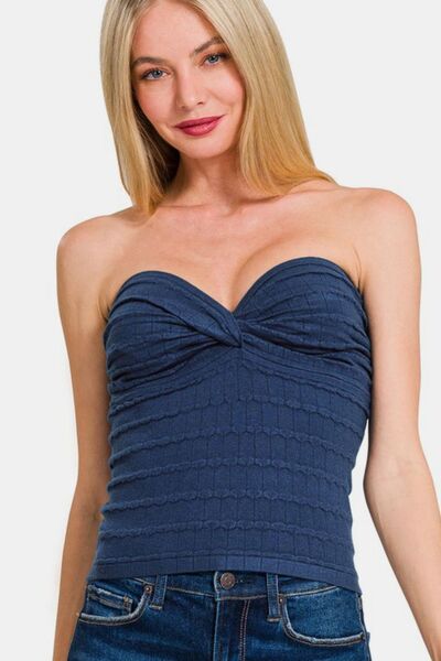 Ruched twisted sweetheart neck top, opaque and slightly stretchy.