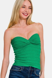 Ruched twisted sweetheart neck top, opaque and slightly stretchy.