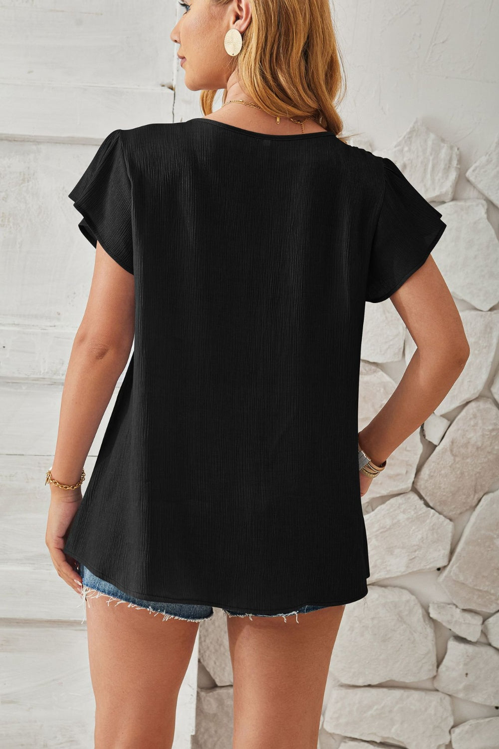 Ruched V-Neck Flounce Sleeve Blouse.