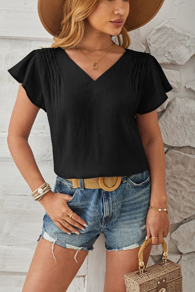 Ruched V-Neck Flounce Sleeve Blouse.