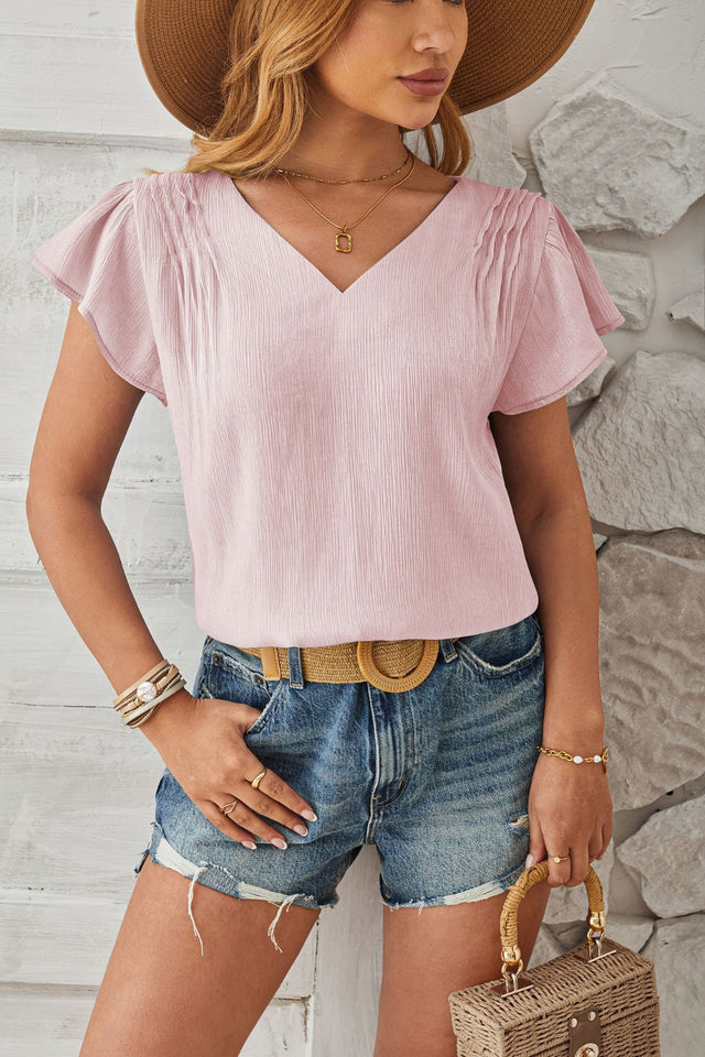 Ruched V-Neck Flounce Sleeve Blouse.