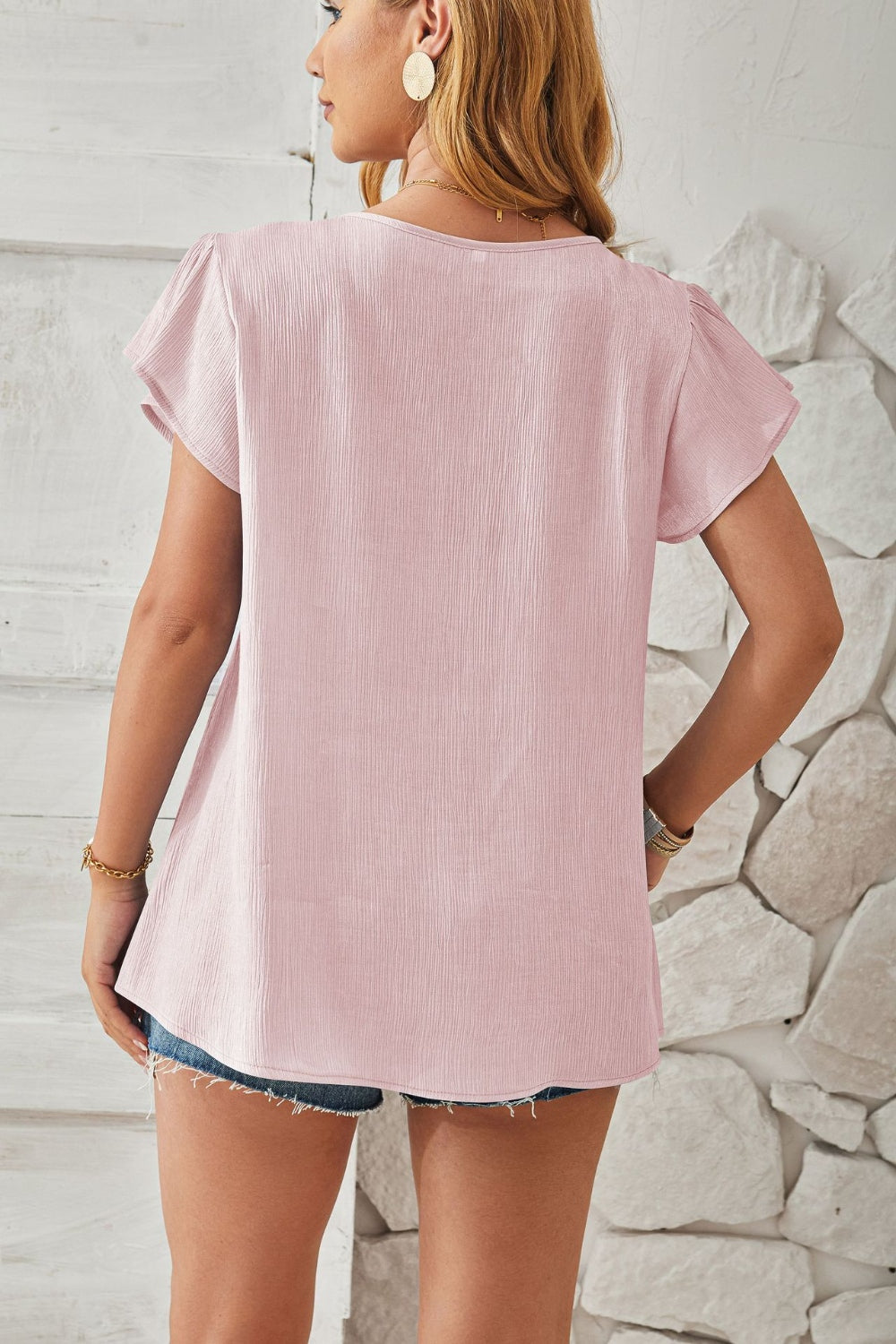 Ruched V-Neck Flounce Sleeve Blouse.