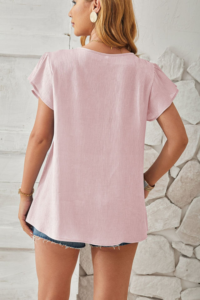 Ruched V-Neck Flounce Sleeve Blouse.