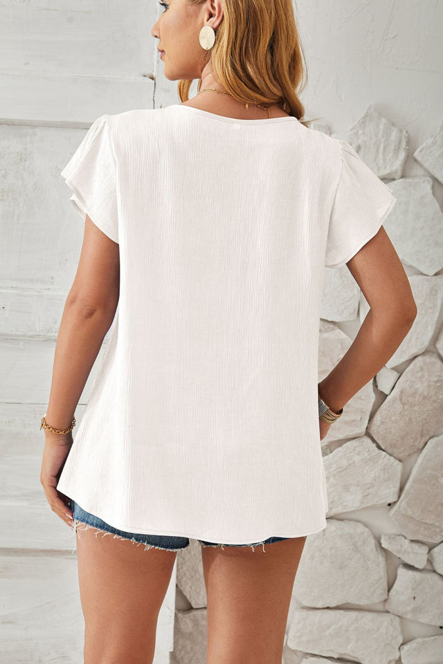 Ruched V-Neck Flounce Sleeve Blouse.