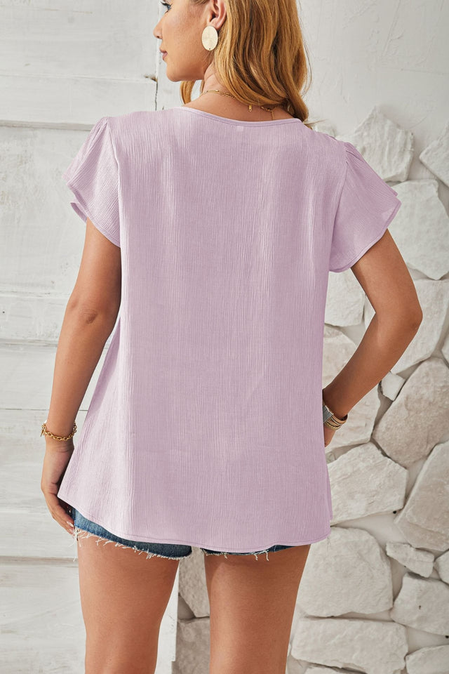 Ruched V-Neck Flounce Sleeve Blouse.
