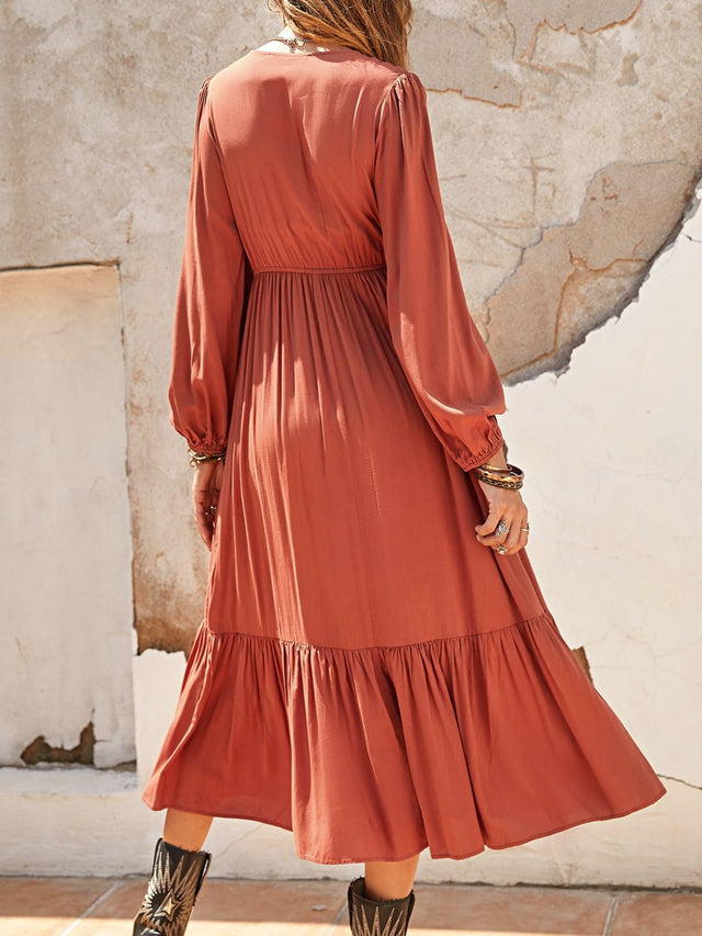 Ruched V-Neck Long Sleeve Midi Dress.