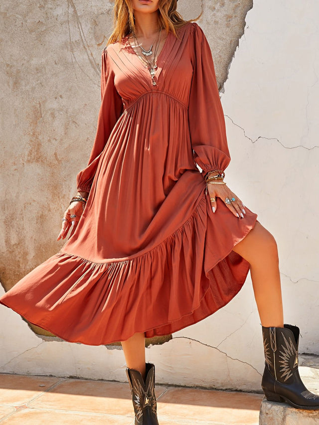 Ruched V-Neck Long Sleeve Midi Dress.