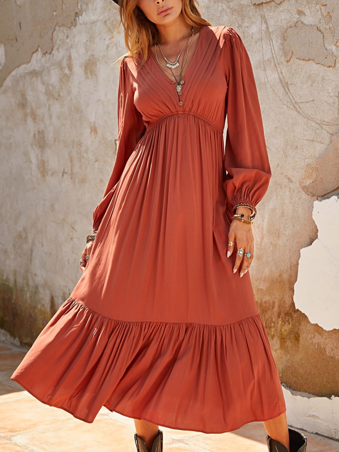 Ruched V-Neck Long Sleeve Midi Dress.