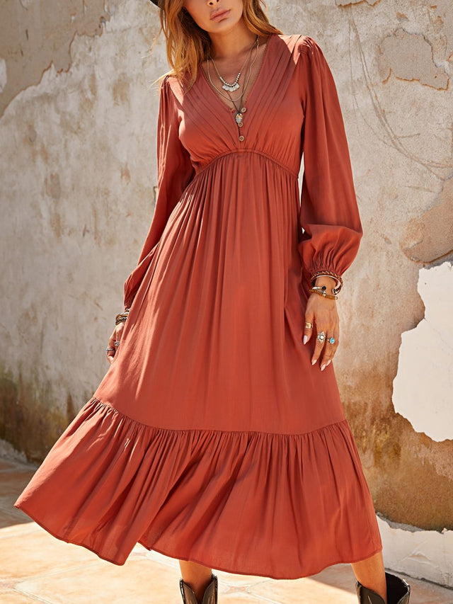 Ruched V-Neck Long Sleeve Midi Dress.