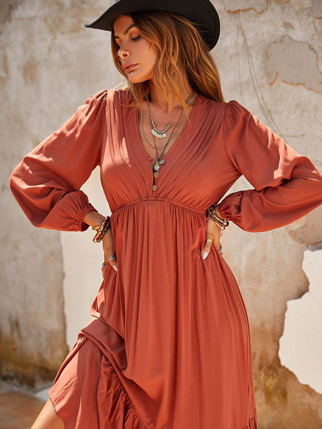 Ruched V-Neck Long Sleeve Midi Dress.