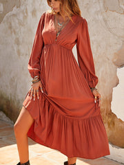 Ruched V-Neck Long Sleeve Midi Dress.