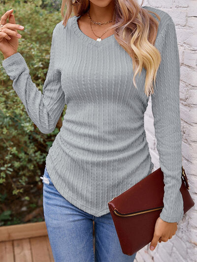 Ruched V-Neck Long Sleeve T-Shirt