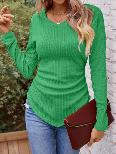 Ruched V-Neck Long Sleeve T-Shirt