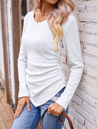 Ruched V-Neck Long Sleeve T-Shirt