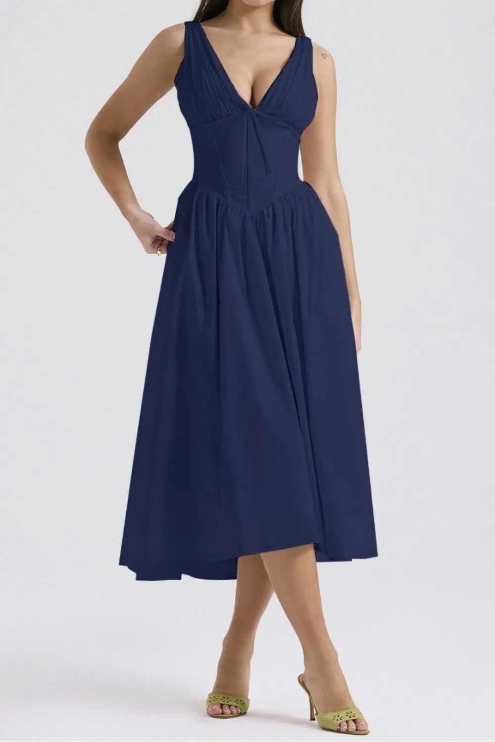 Ruched V-Neck Sleeveless Dress with Pockets.