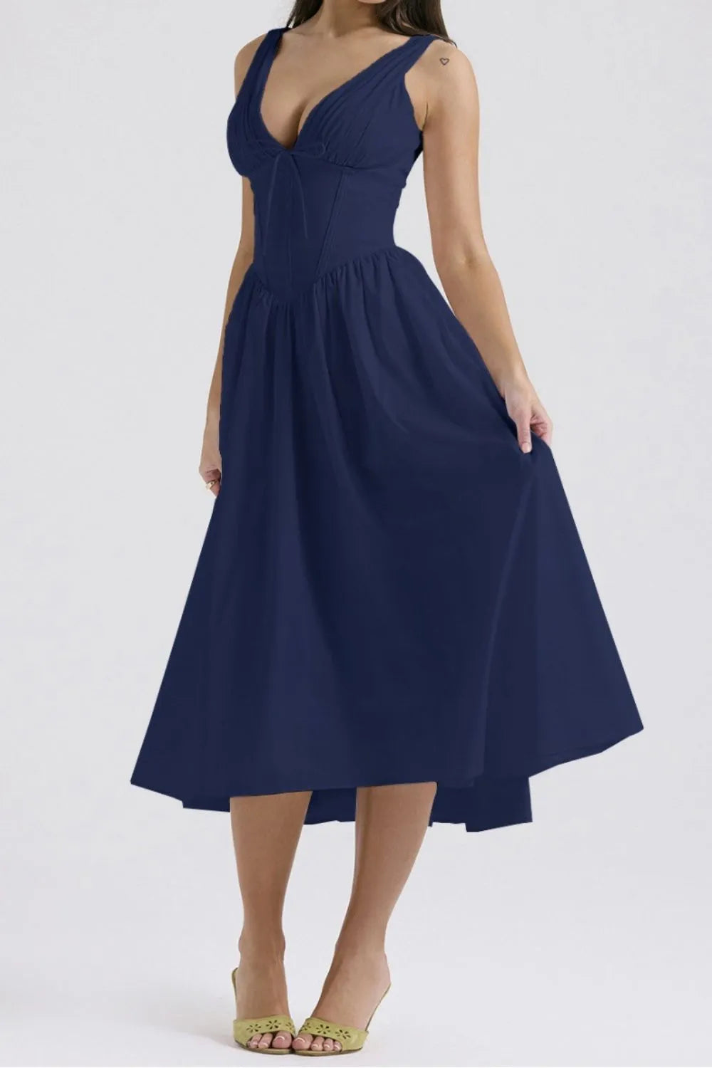 Ruched V-Neck Sleeveless Dress with Pockets.