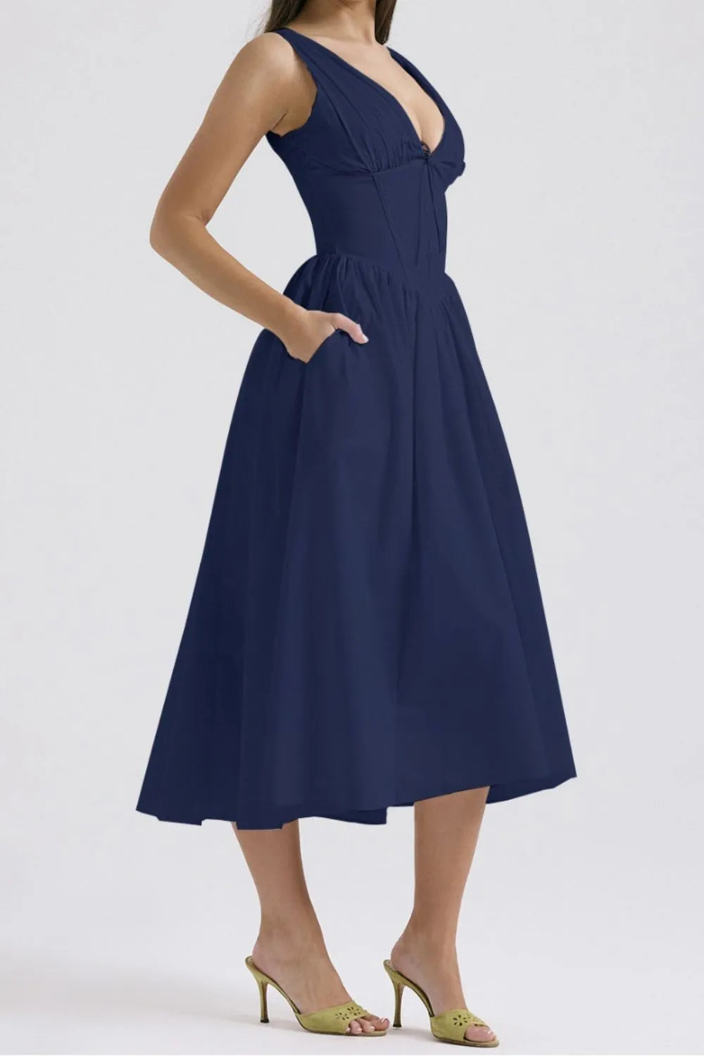 Ruched V-Neck Sleeveless Dress with Pockets.