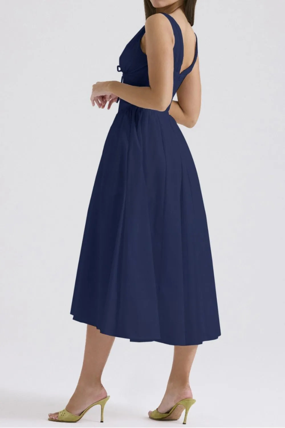 Ruched V-Neck Sleeveless Dress with Pockets.