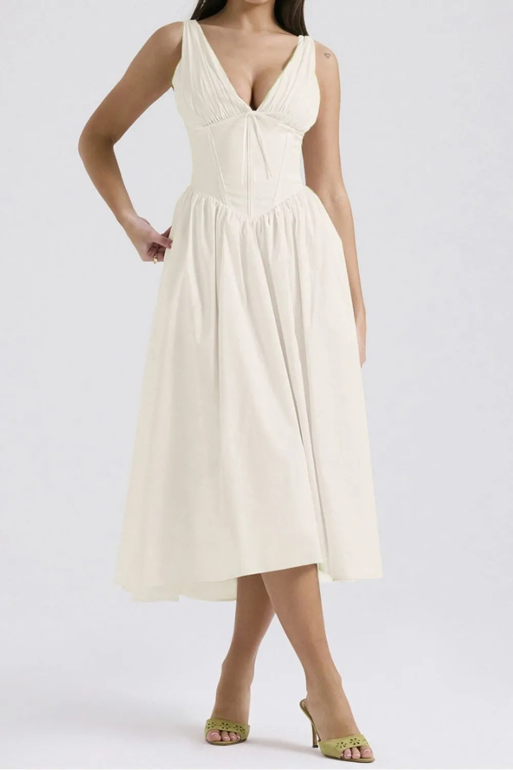Ruched V-Neck Sleeveless Dress with Pockets.