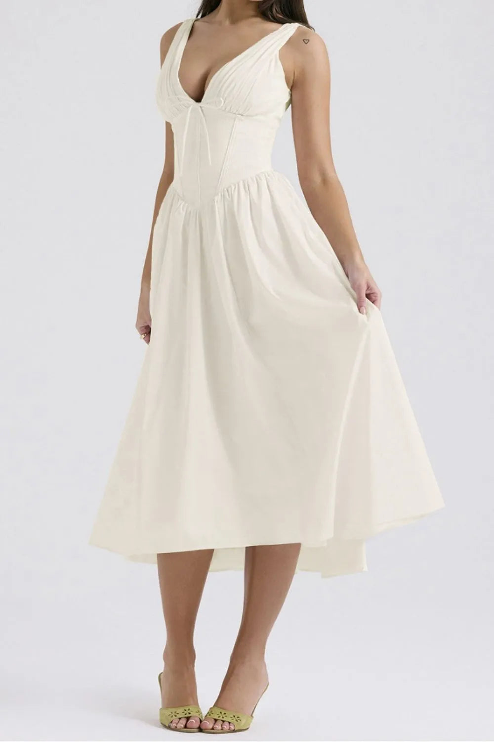 Ruched V-Neck Sleeveless Dress with Pockets.