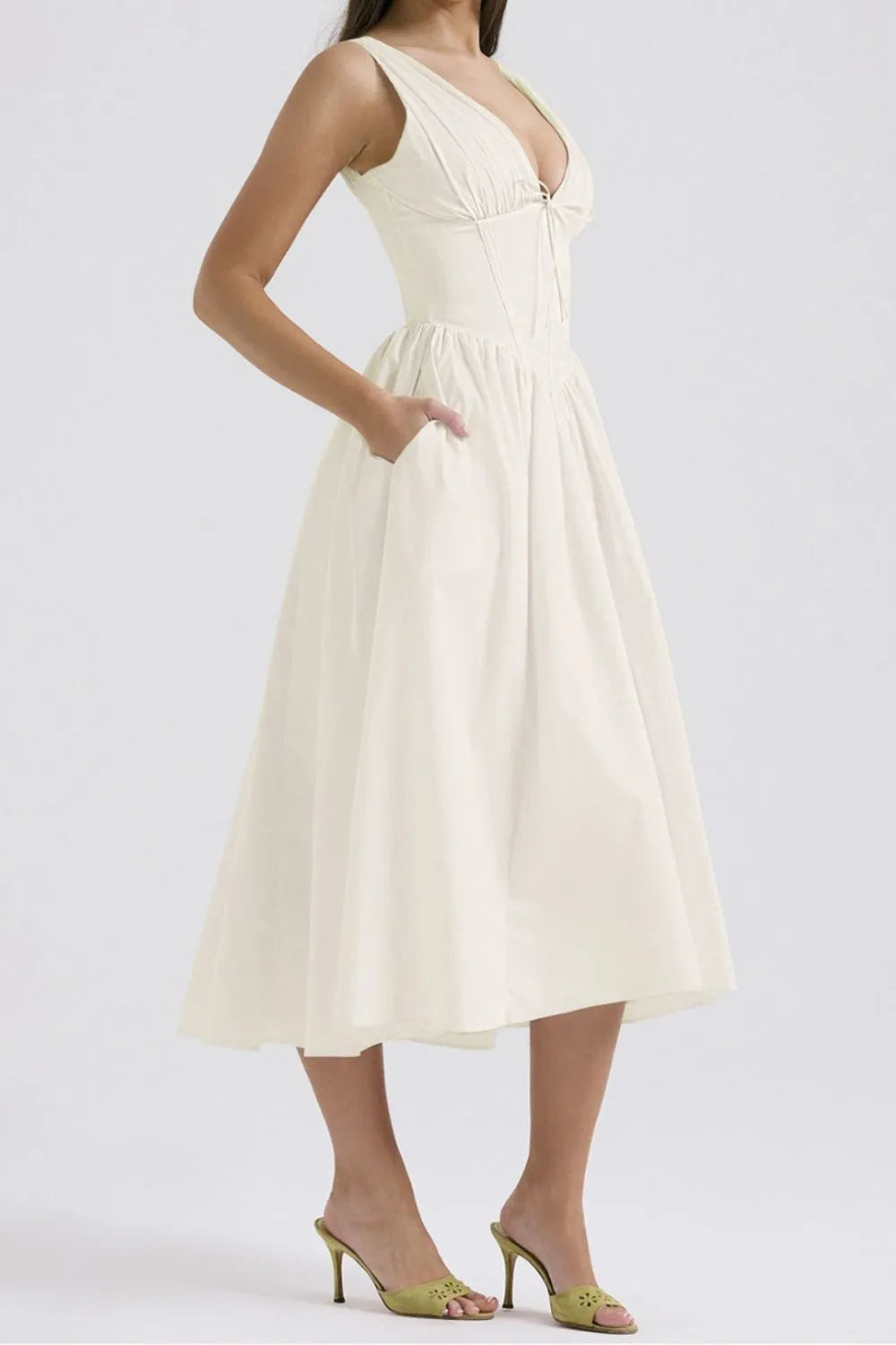 Ruched V-Neck Sleeveless Dress with Pockets.