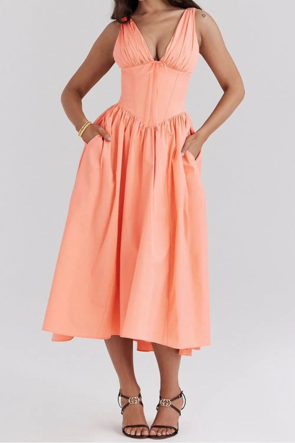 Ruched V-Neck Sleeveless Dress with Pockets.