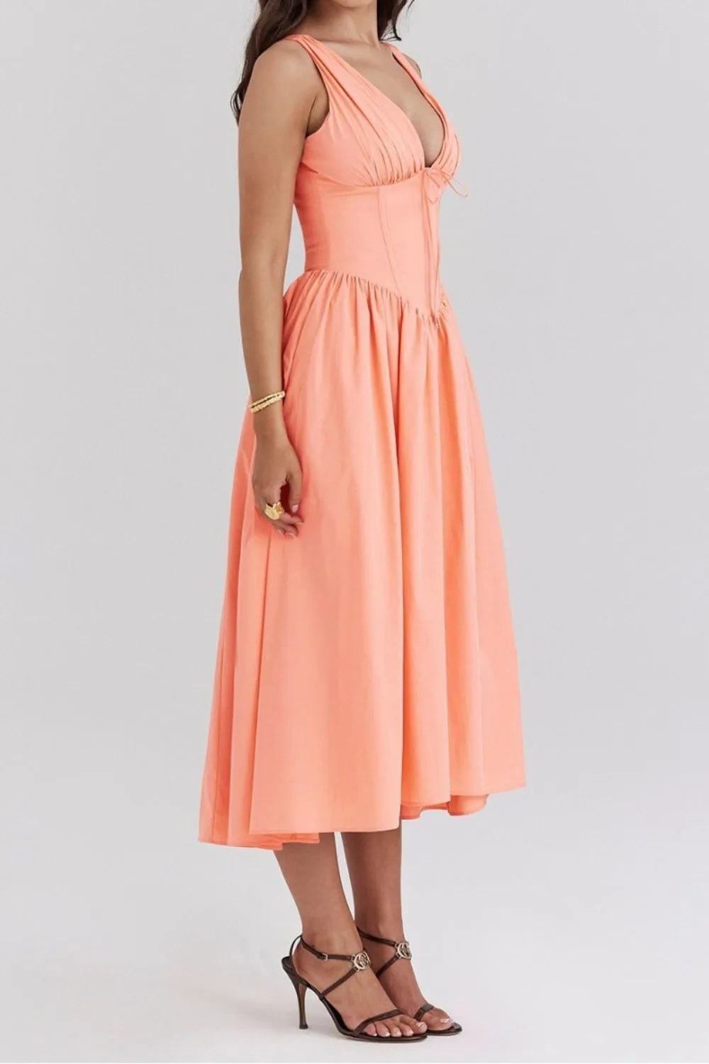 Ruched V-Neck Sleeveless Dress with Pockets.