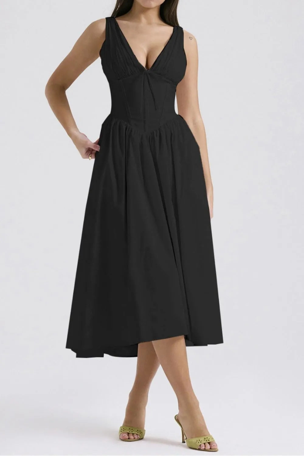 Ruched V-Neck Sleeveless Dress with Pockets.