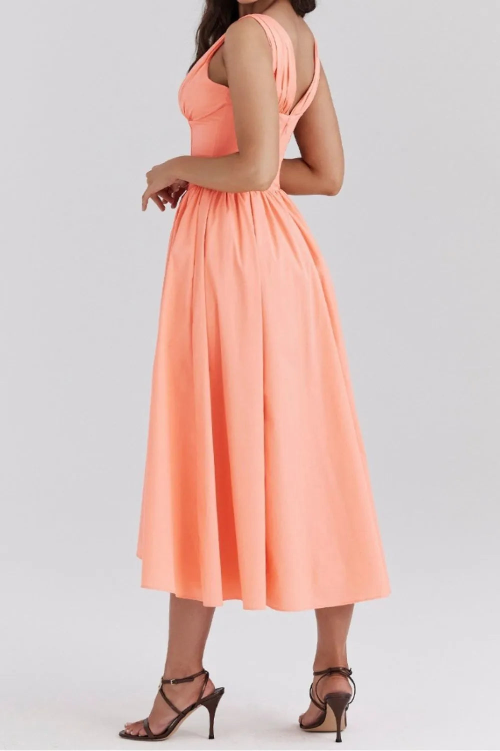 Ruched V-Neck Sleeveless Dress with Pockets.