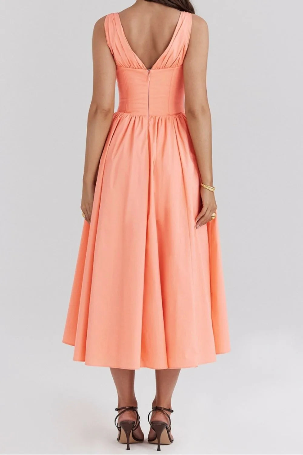 Ruched V-Neck Sleeveless Dress with Pockets.