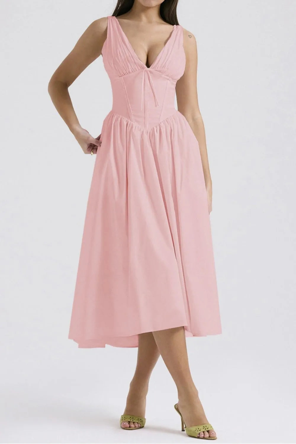 Ruched V-Neck Sleeveless Dress with Pockets.