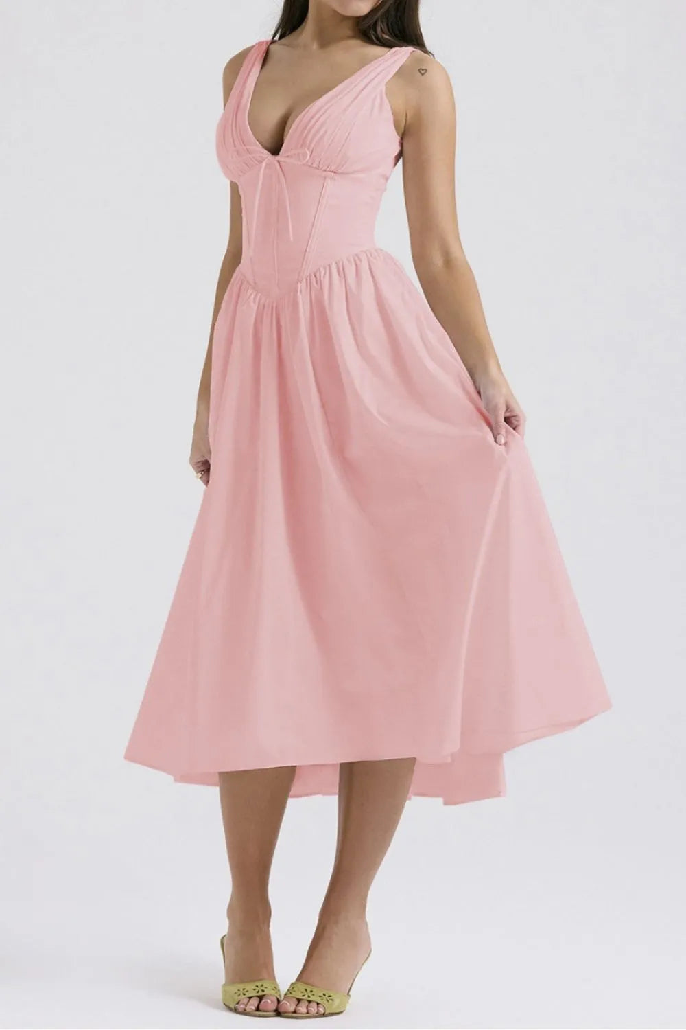 Ruched V-Neck Sleeveless Dress with Pockets.