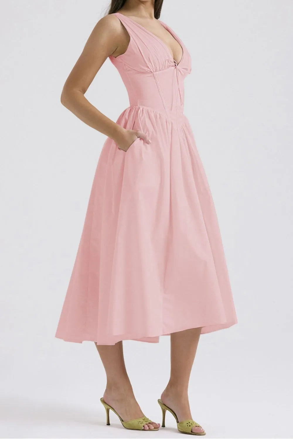 Ruched V-Neck Sleeveless Dress with Pockets.