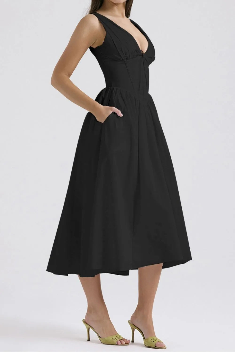 Ruched V-Neck Sleeveless Dress with Pockets.
